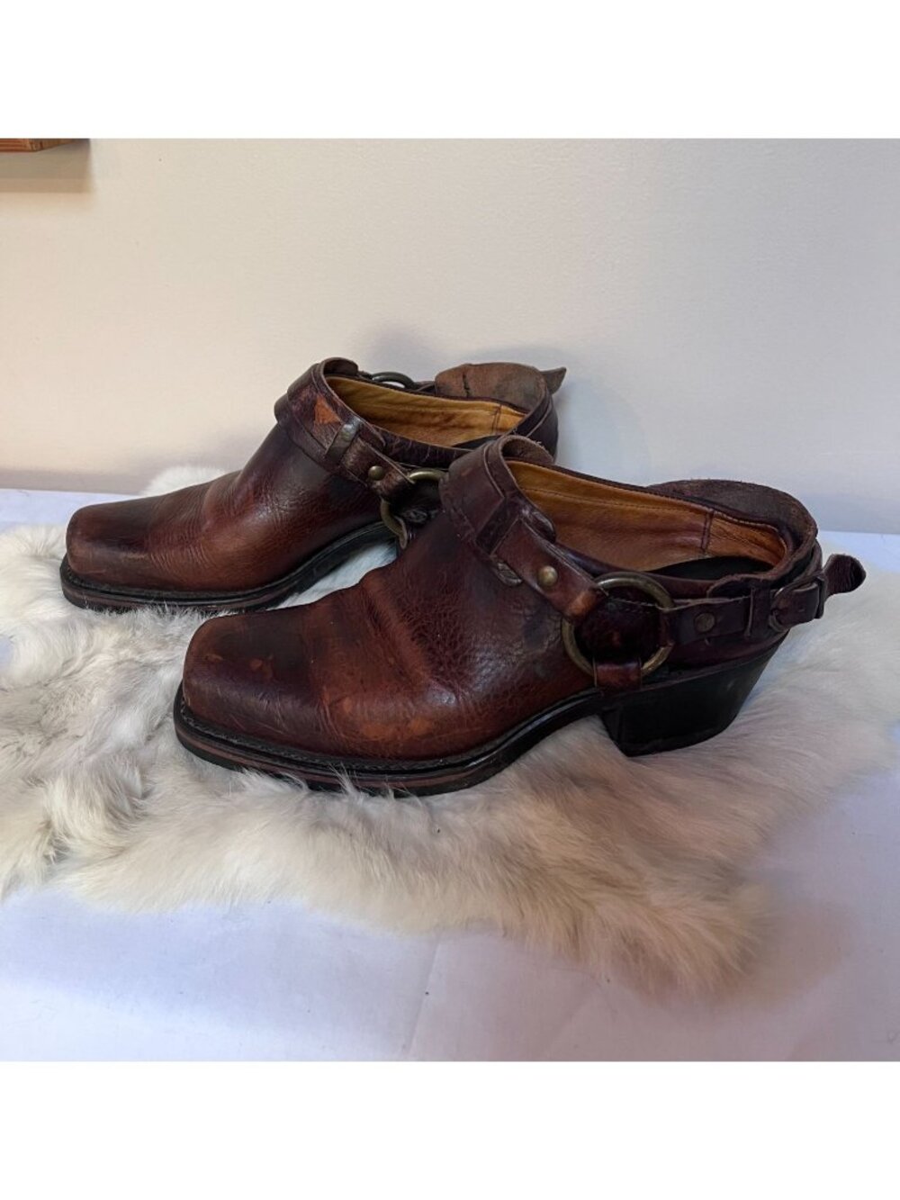 Vintage Frye Womens Ankle Boot 7 M Brown Leather Belted Harness Mule Shoes